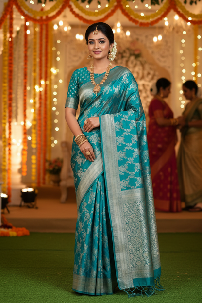 Grennish vlue Banarsi Silk Saree with gold weaving