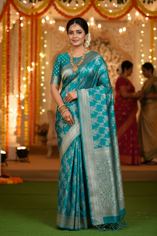 Grennish vlue Banarsi Silk Saree with gold weaving