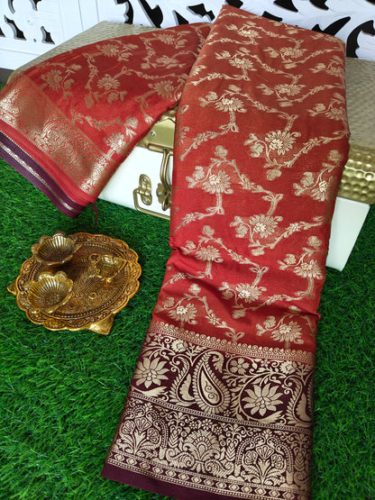 Rust orange Banarsi crepe Silk Saree (Copy)
