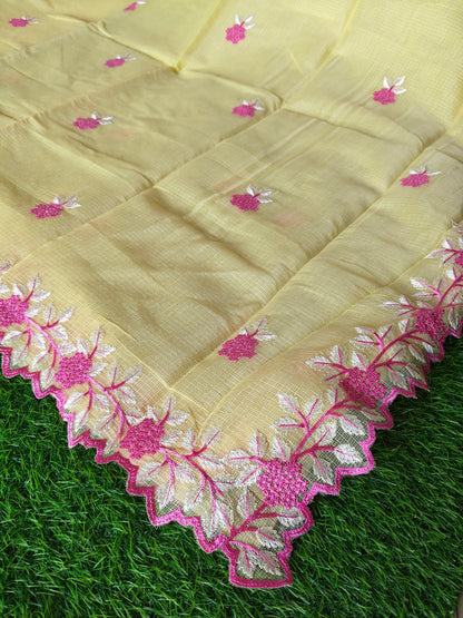 Kora cotton yellow  colour thread embroidered Saree