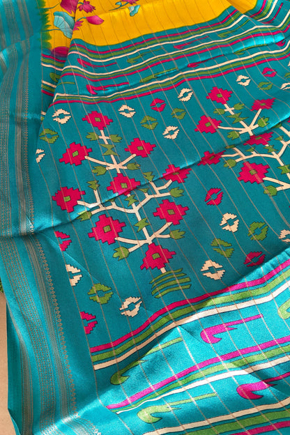 Yellow Kalamkari Print Semi Crepe Silk