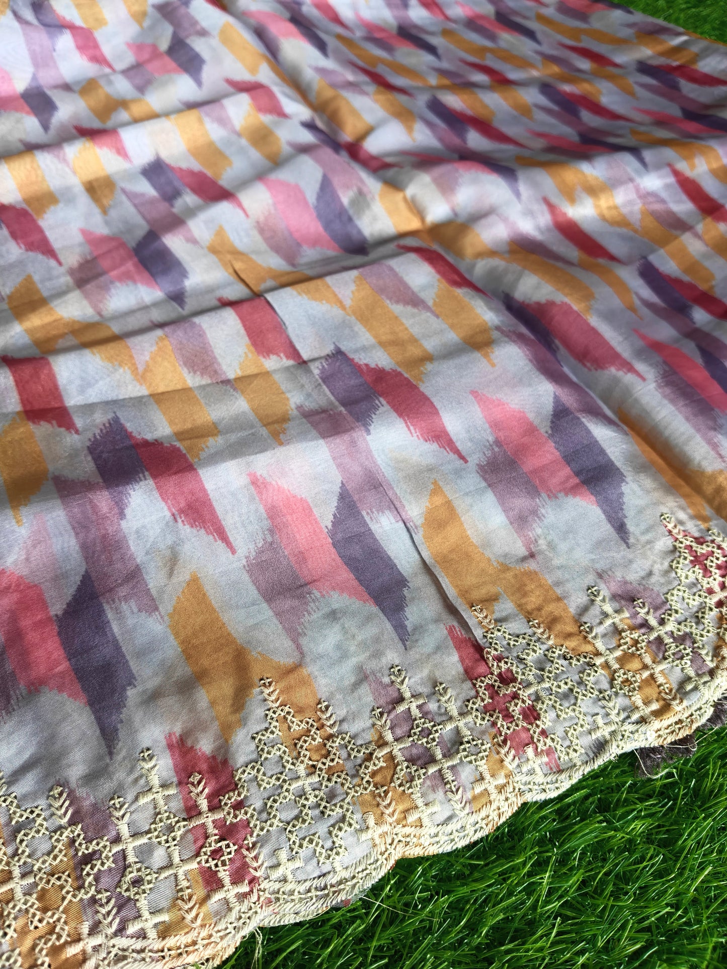 Multicolored Italian satin crepe Silk with contrast blouse Saree