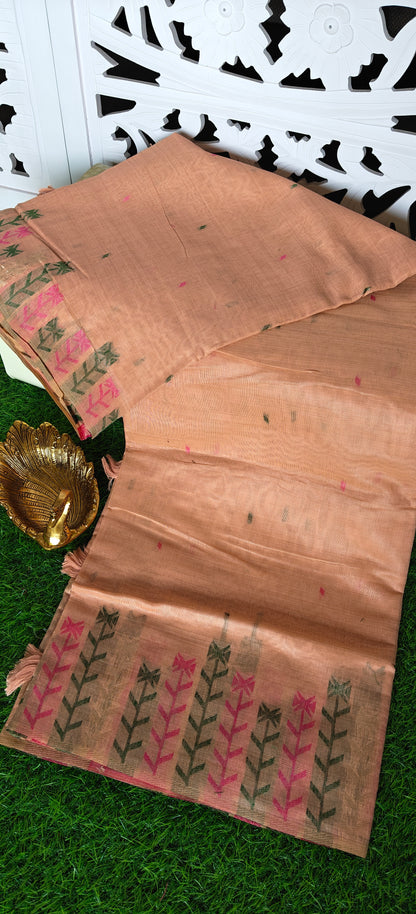 Peach Embroidered  Cotton Saree