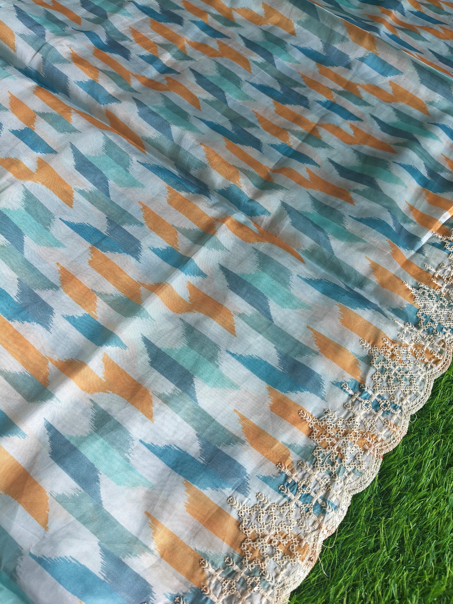 Multicolored sea green Italian satin crepe Silk with contrast blouse Saree