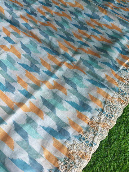Multicolored sea green Italian satin crepe Silk with contrast blouse Saree