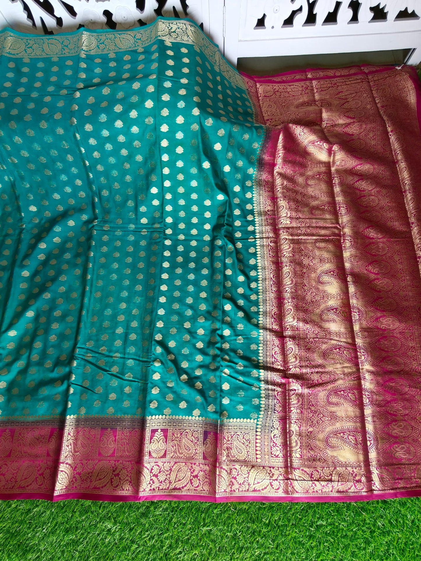 Peacock or Teal Blue Banarasi Semi Georgette Silk Saree with Rani Pink Contrast Border & Blouse