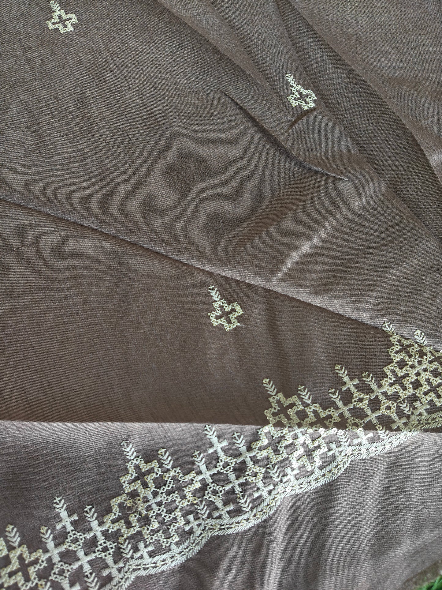 Multicolored light brown Italian satin crepe Silk with contrast blouse Saree (Copy)