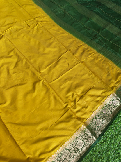 Yellow colour semi crepe solid colour with slim contrast border