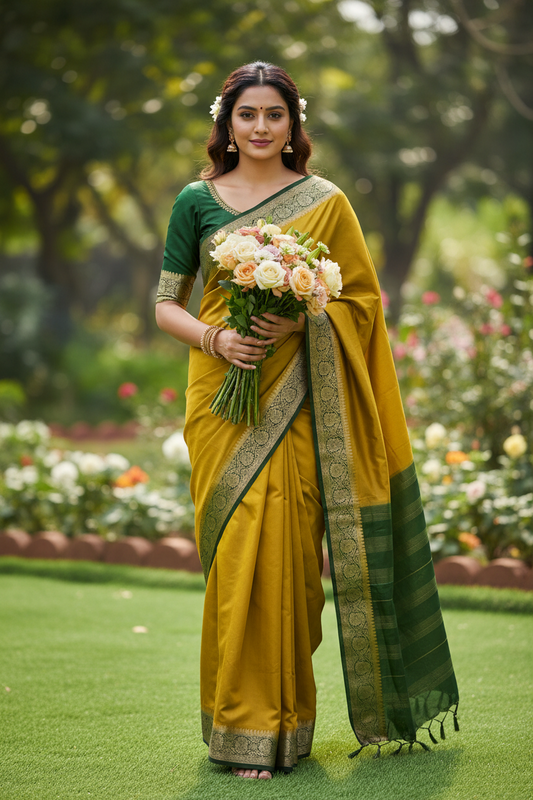 Yellow colour semi crepe solid colour with slim contrast border