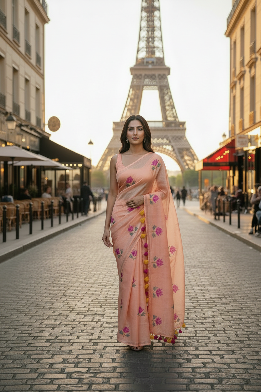 MulMul cotton light peach colour thread embroidered Saree