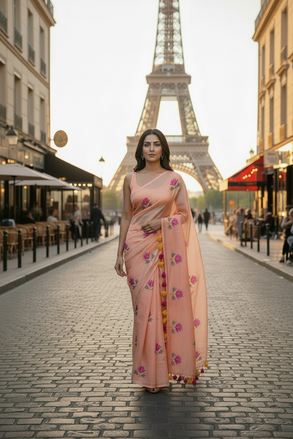 MulMul cotton light peach colour thread embroidered Saree