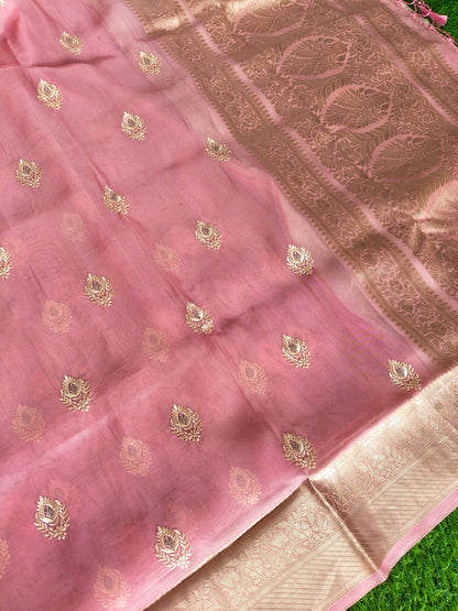 Pink Organza Saree with Butti Embroidery Work