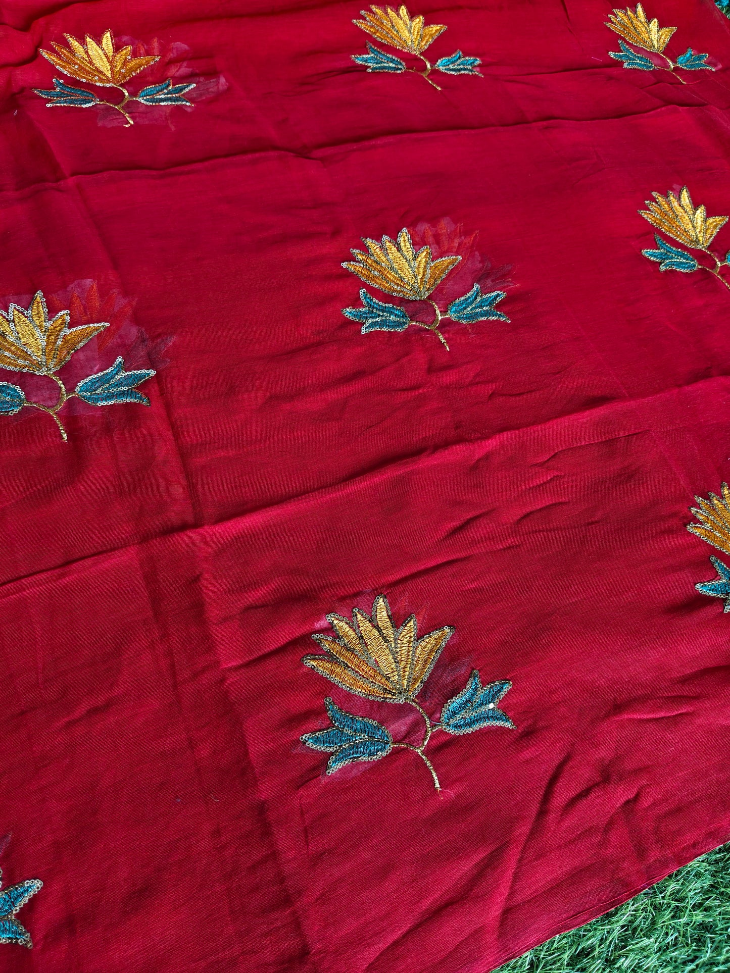 MulMul cotton Crimson Red colour thread embroidered Saree