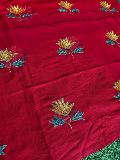 MulMul cotton Crimson Red colour thread embroidered Saree