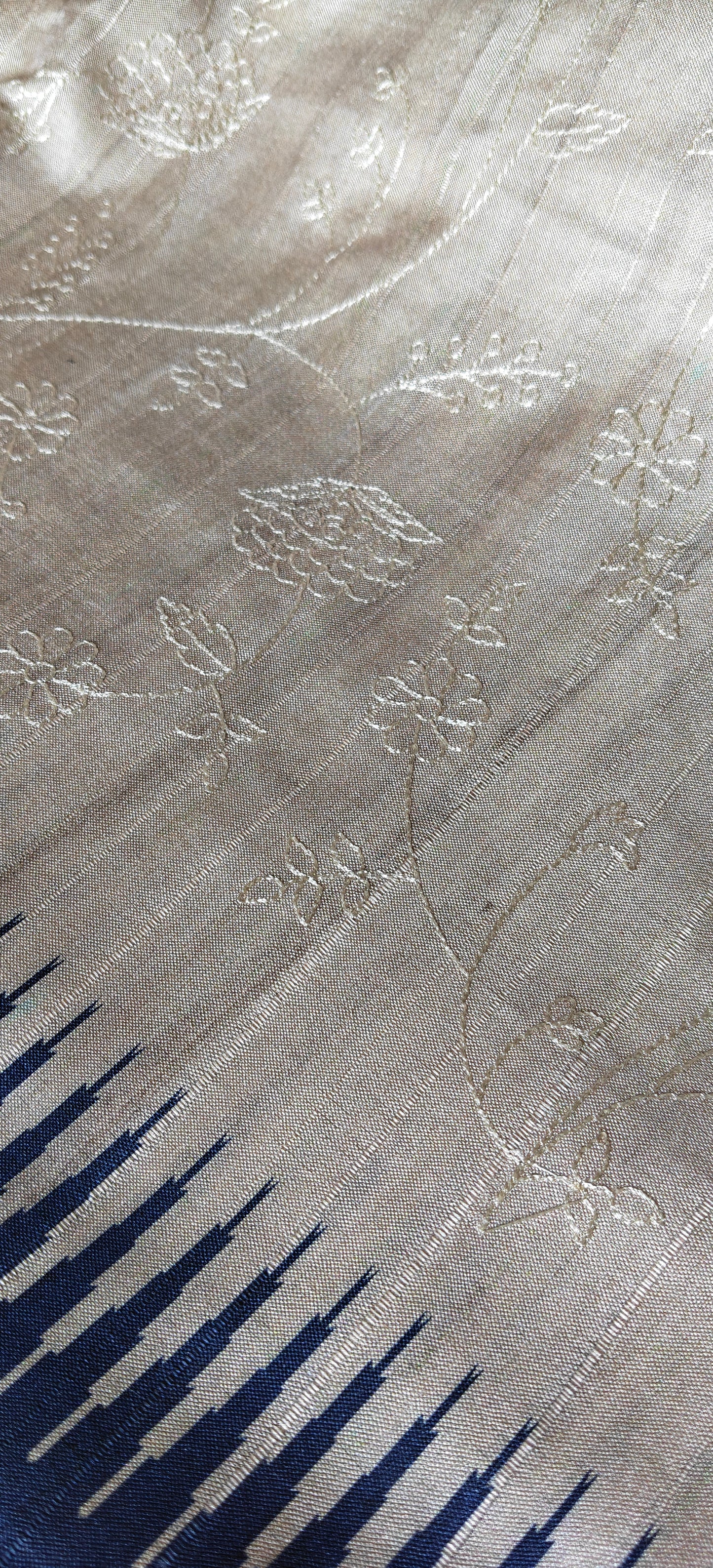 Cream Self Thread Embroidered Soft Silk Saree with Contrast Border