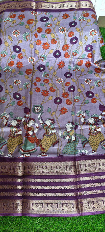 wine Kalamkari Print Semi Crepe Silk