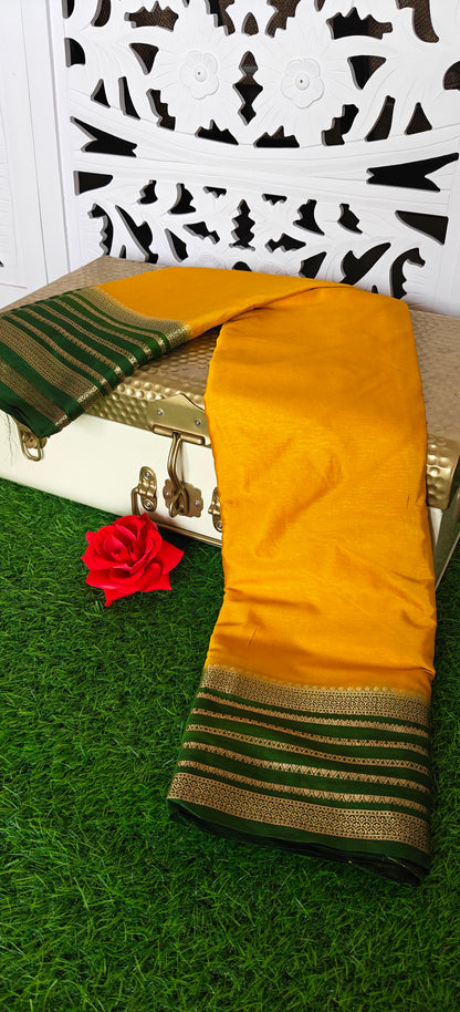 Yellow Semi Crepe Silk Saree with Contrast Border