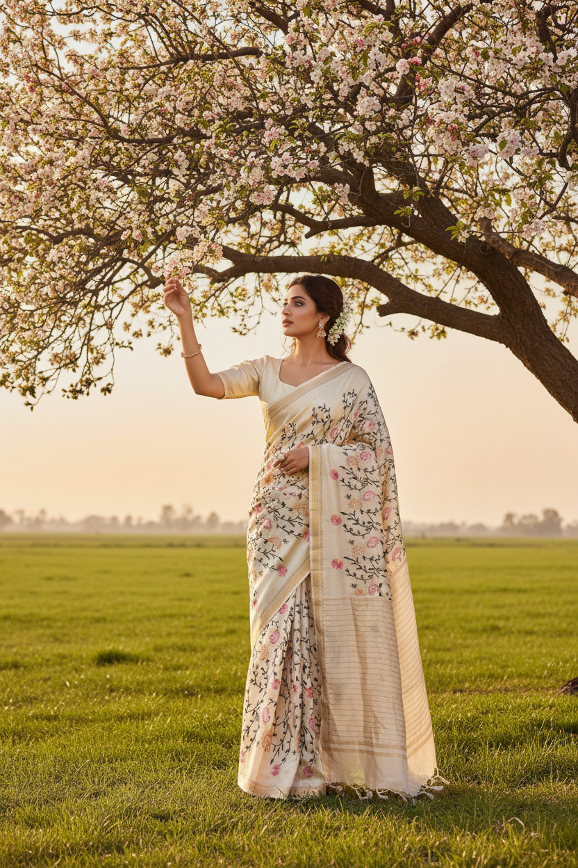 Cream colour Tusser silk multi colour thread embroidered