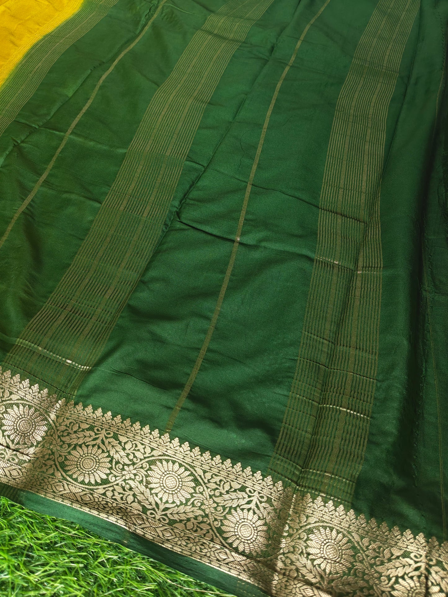 Yellow colour semi crepe solid colour with slim contrast border