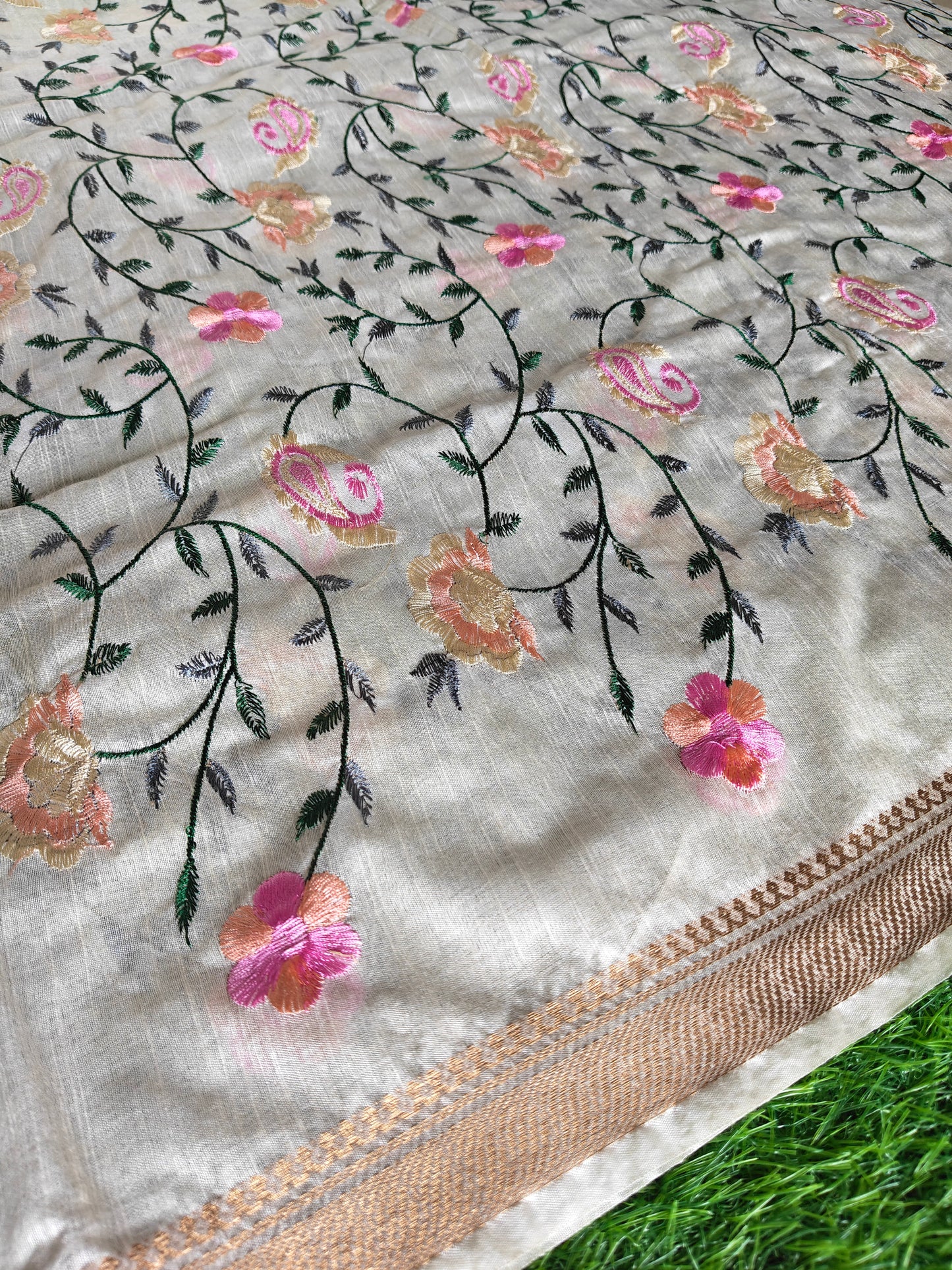 Cream colour Tusser silk multi colour thread embroidered