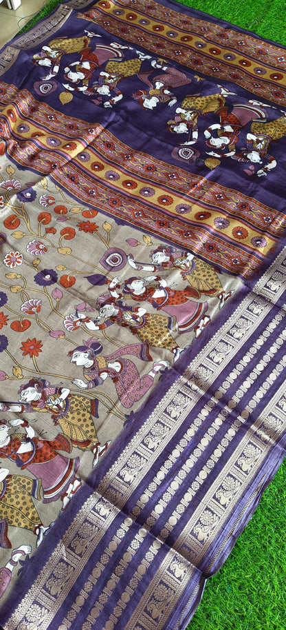 Purple Kalamkari Print Semi Crepe Silk