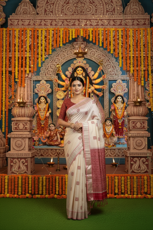 Cream Cotton Saree with Red Thread Weaving | Soft Traditional Cotton Saree