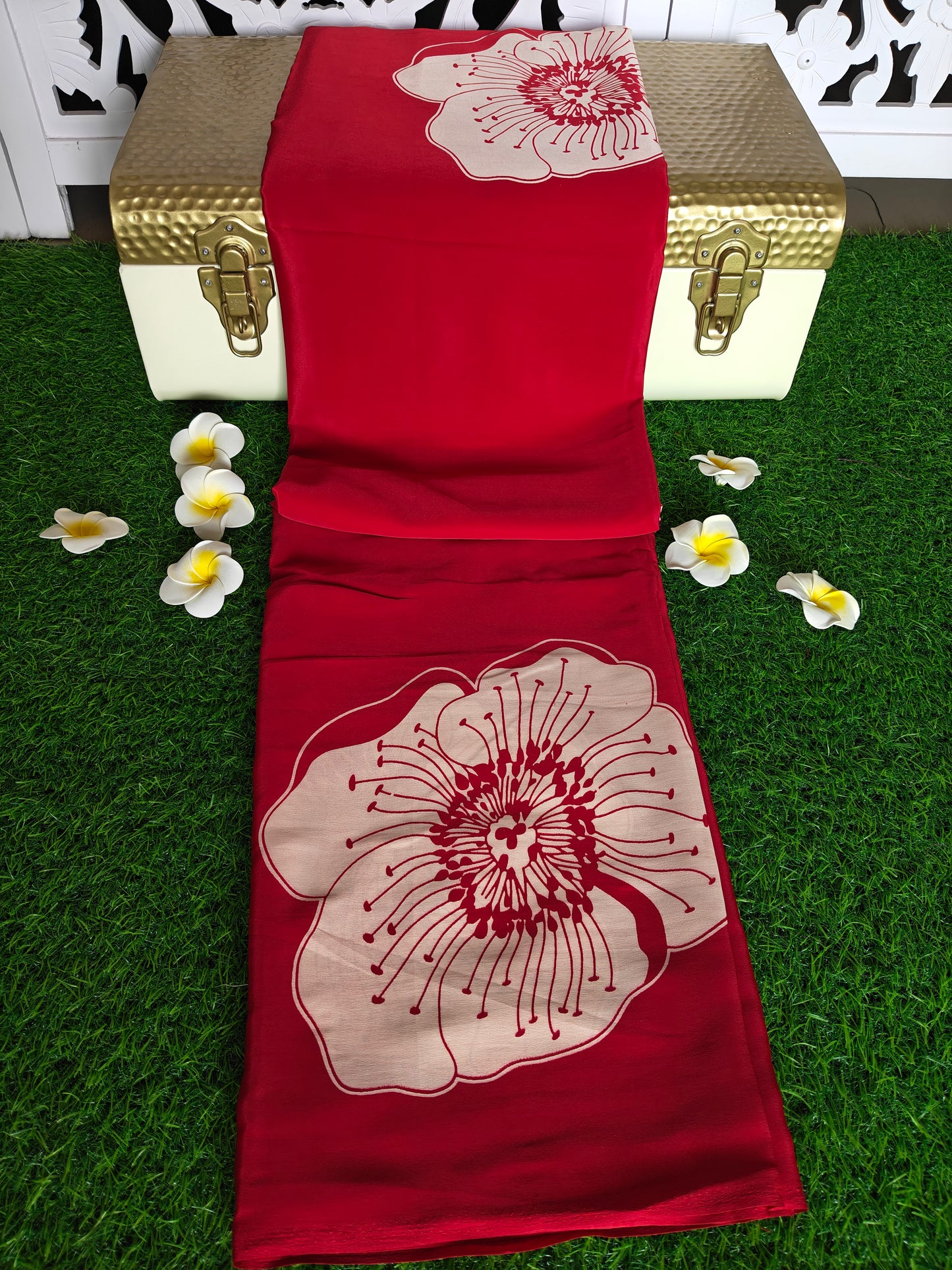 Red Italian crepe Silk Saree