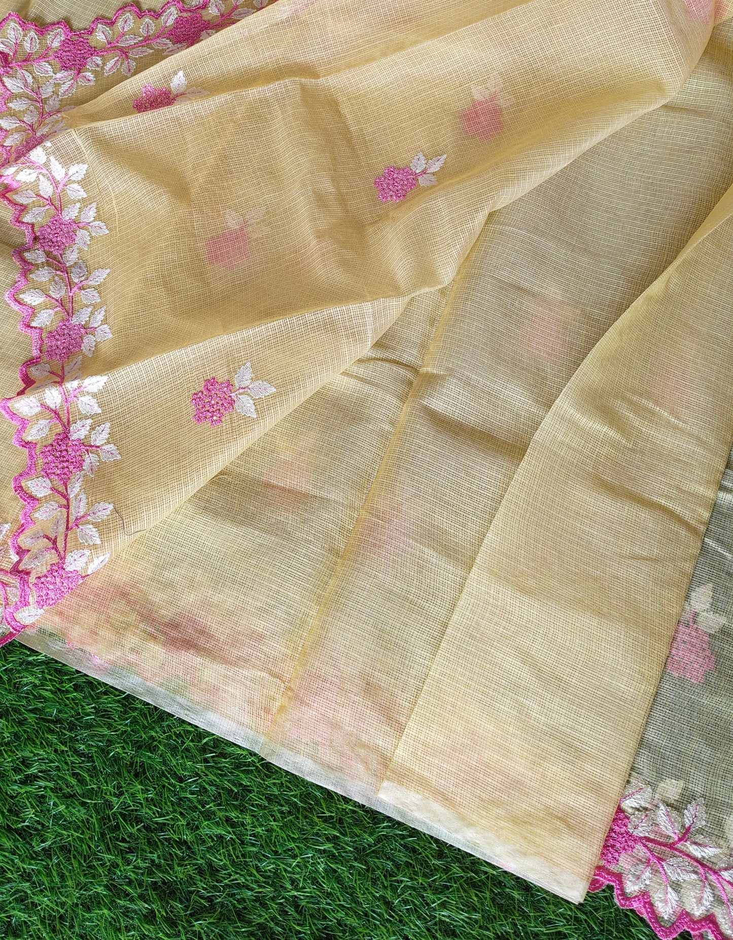 Kora cotton yellow  colour thread embroidered Saree