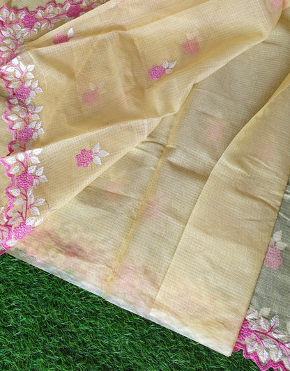 Kora cotton yellow  colour thread embroidered Saree