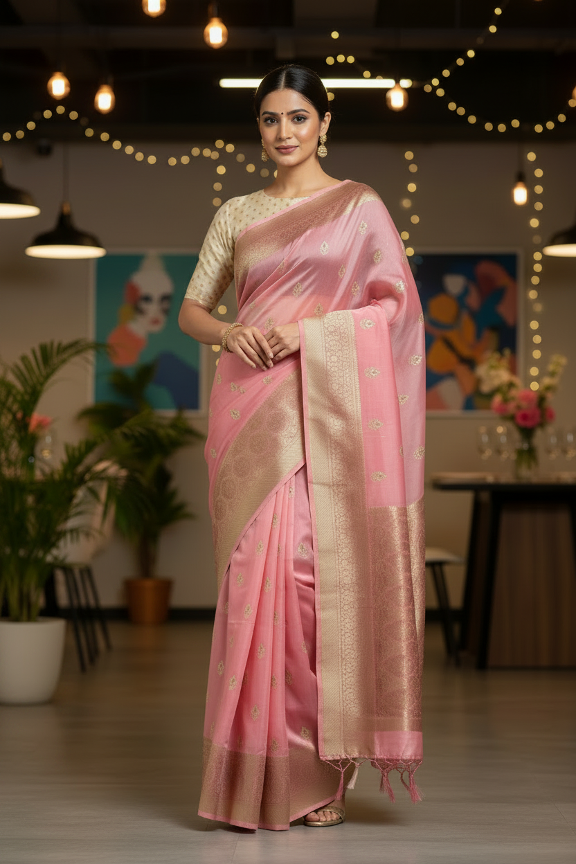Pink Organza Saree with Butti Embroidery Work