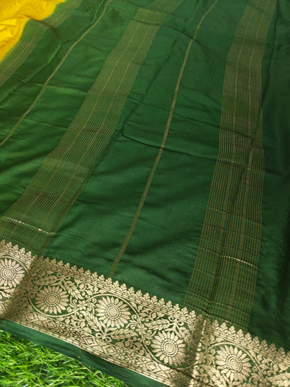 Yellow colour semi crepe solid colour with slim contrast border