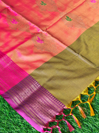 Double shades mehndi green contrast border n pallu saree