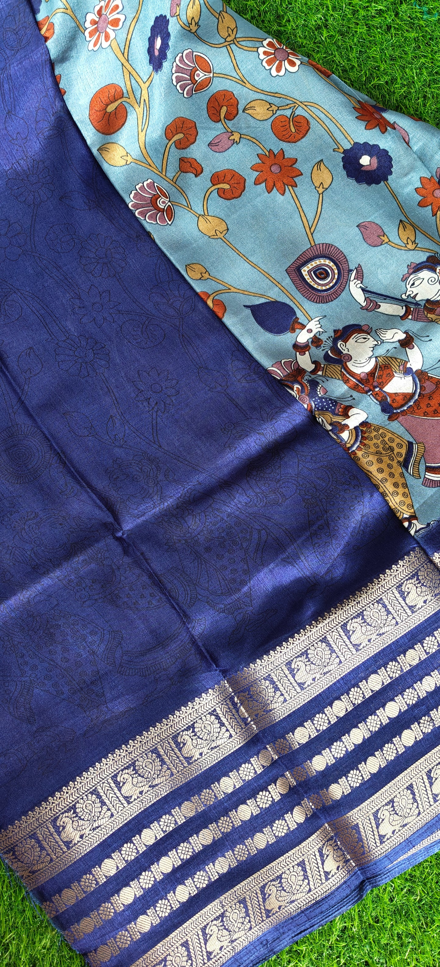 Blue Kalamkari Print Semi Crepe Silk