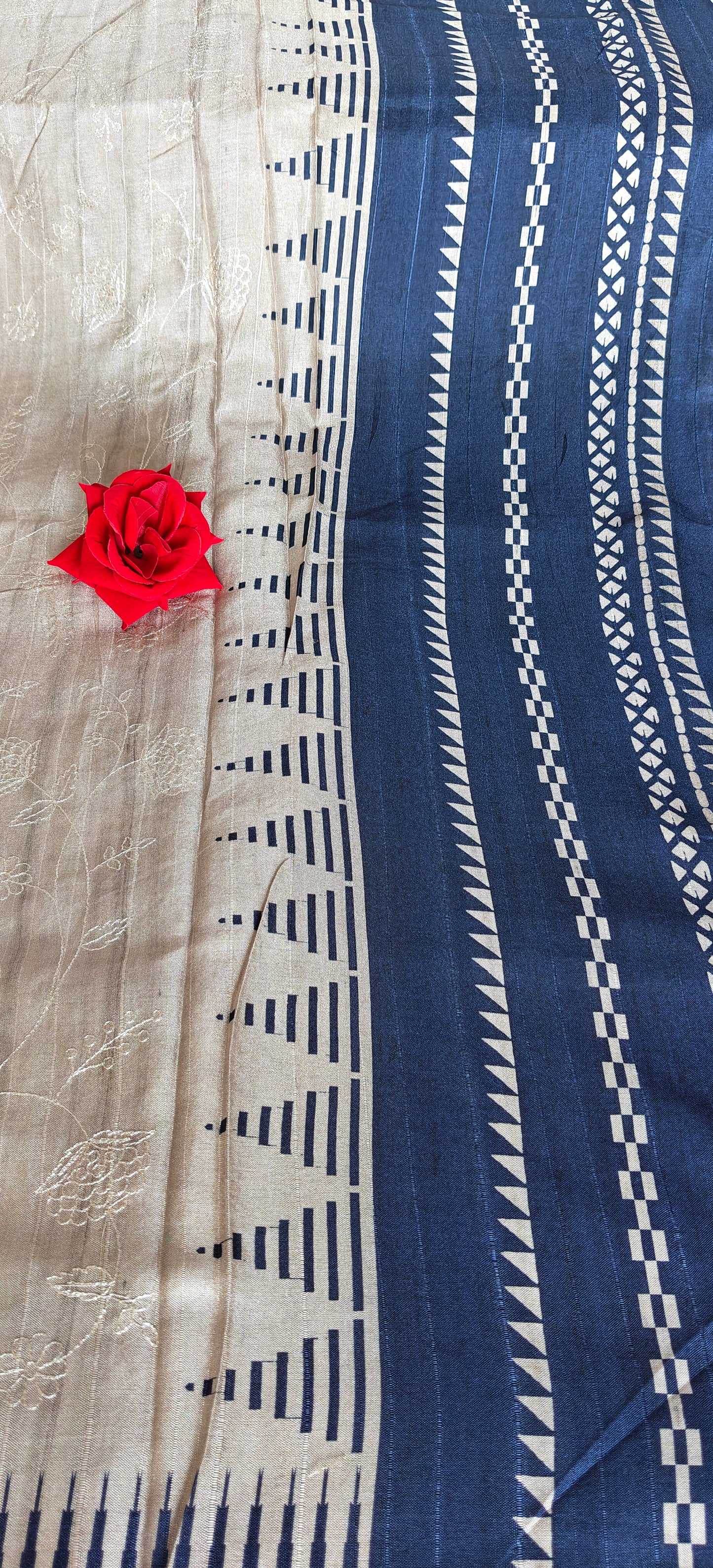 Cream Self Thread Embroidered Soft Silk Saree with Contrast Border
