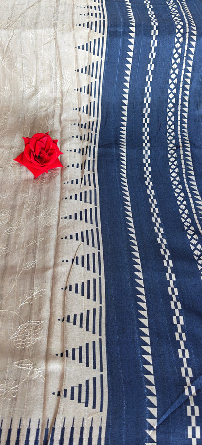 Cream Self Thread Embroidered Soft Silk Saree with Contrast Border