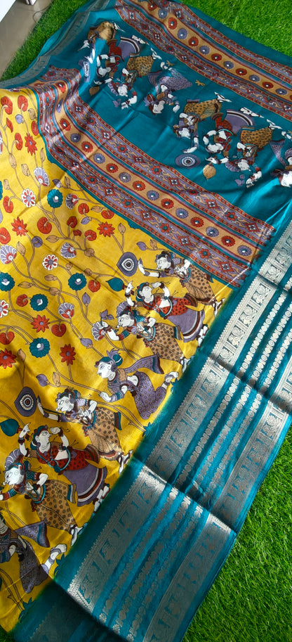 Yellow Kalamkari Print Semi Crepe Silk