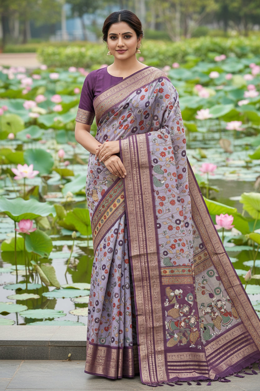 wine Kalamkari Print Semi Crepe Silk