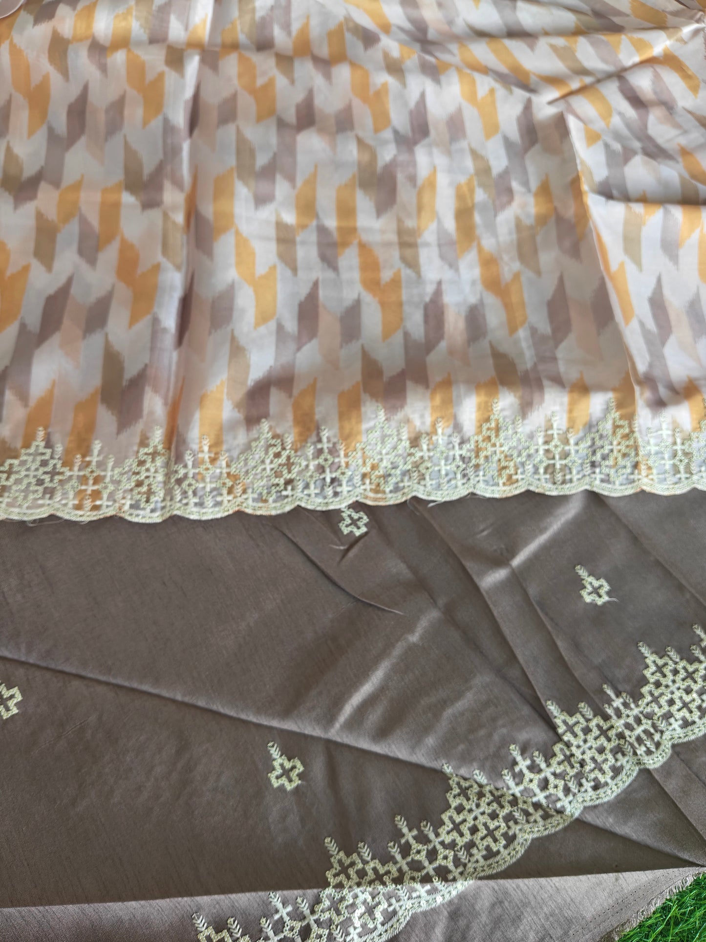 Multicolored light brown Italian satin crepe Silk with contrast blouse Saree (Copy)