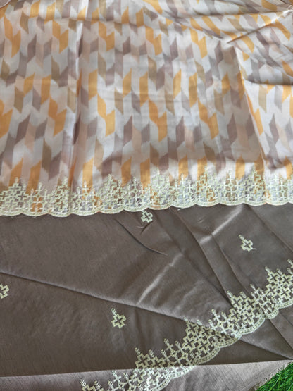 Multicolored light brown Italian satin crepe Silk with contrast blouse Saree (Copy)