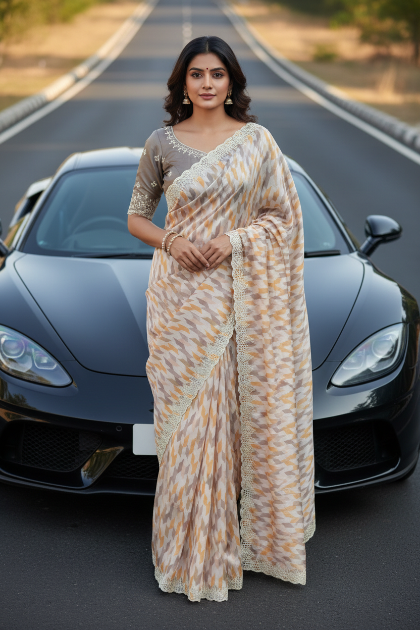 Multicolored light brown Italian satin crepe Silk with contrast blouse Saree (Copy)