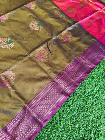 Double shades mehndi green contrast border n pallu saree