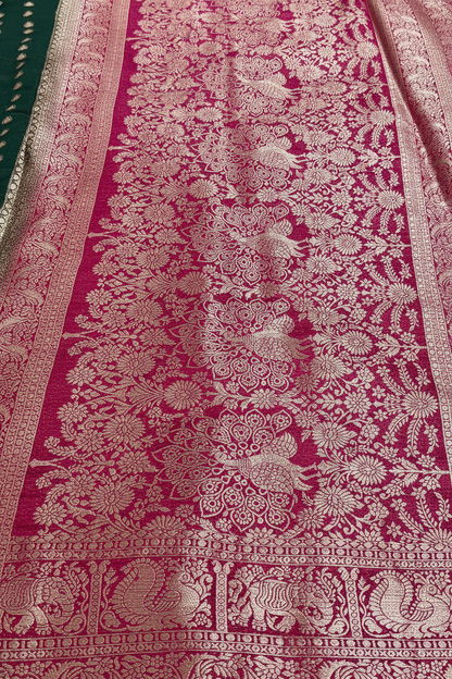 Green Georgette Banarasi Silk Saree with Contrast Border & Small Motifs