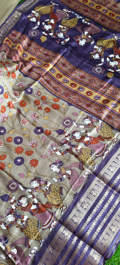 Purple Kalamkari Print Semi Crepe Silk