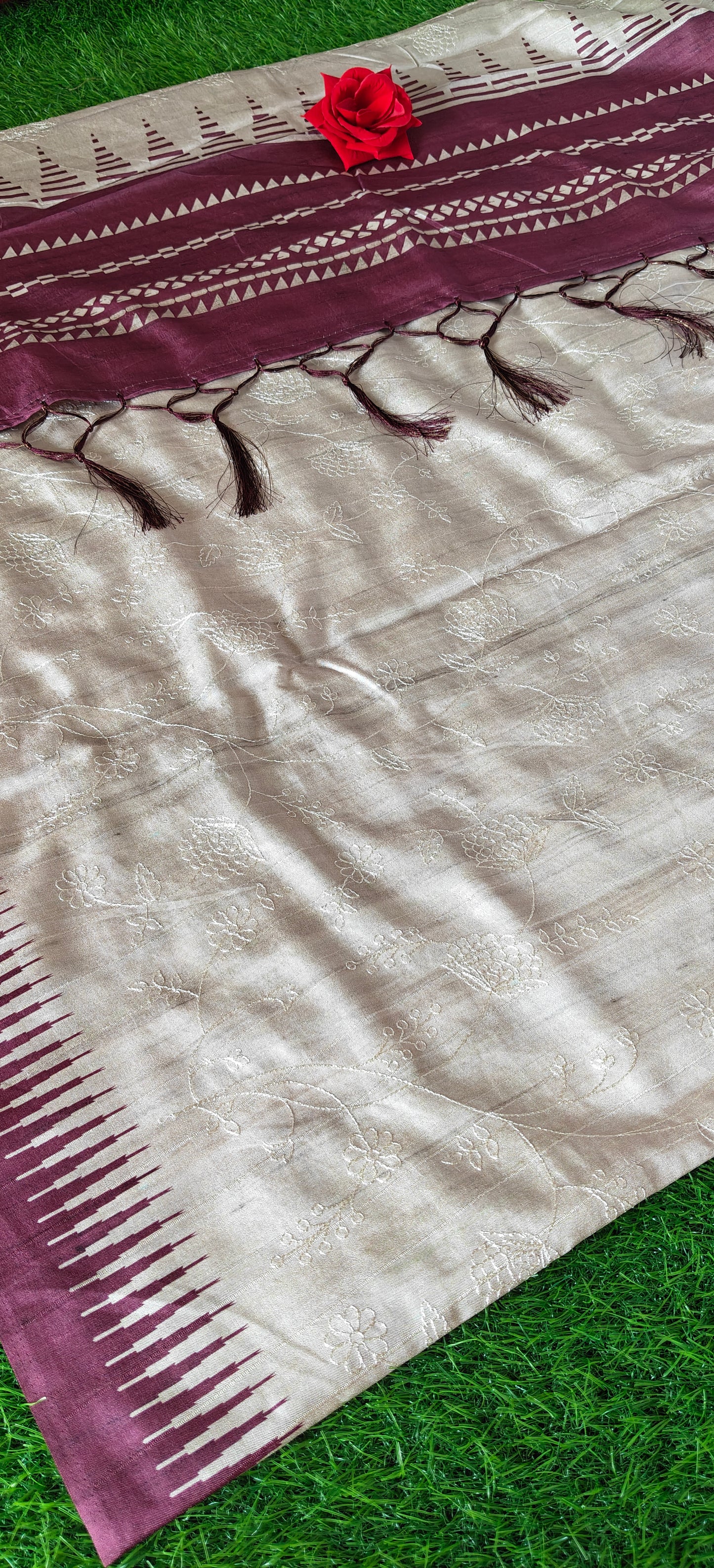 Cream Self Thread Embroidered Soft Silk Saree with Contrast Border
