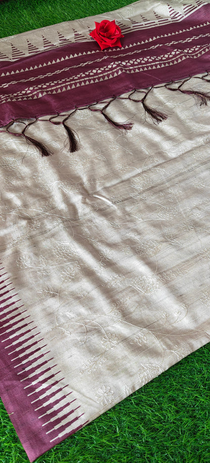 Cream Self Thread Embroidered Soft Silk Saree with Contrast Border