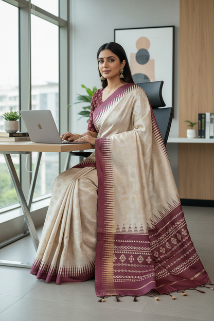 Cream Self Thread Embroidered Soft Silk Saree with Contrast Border