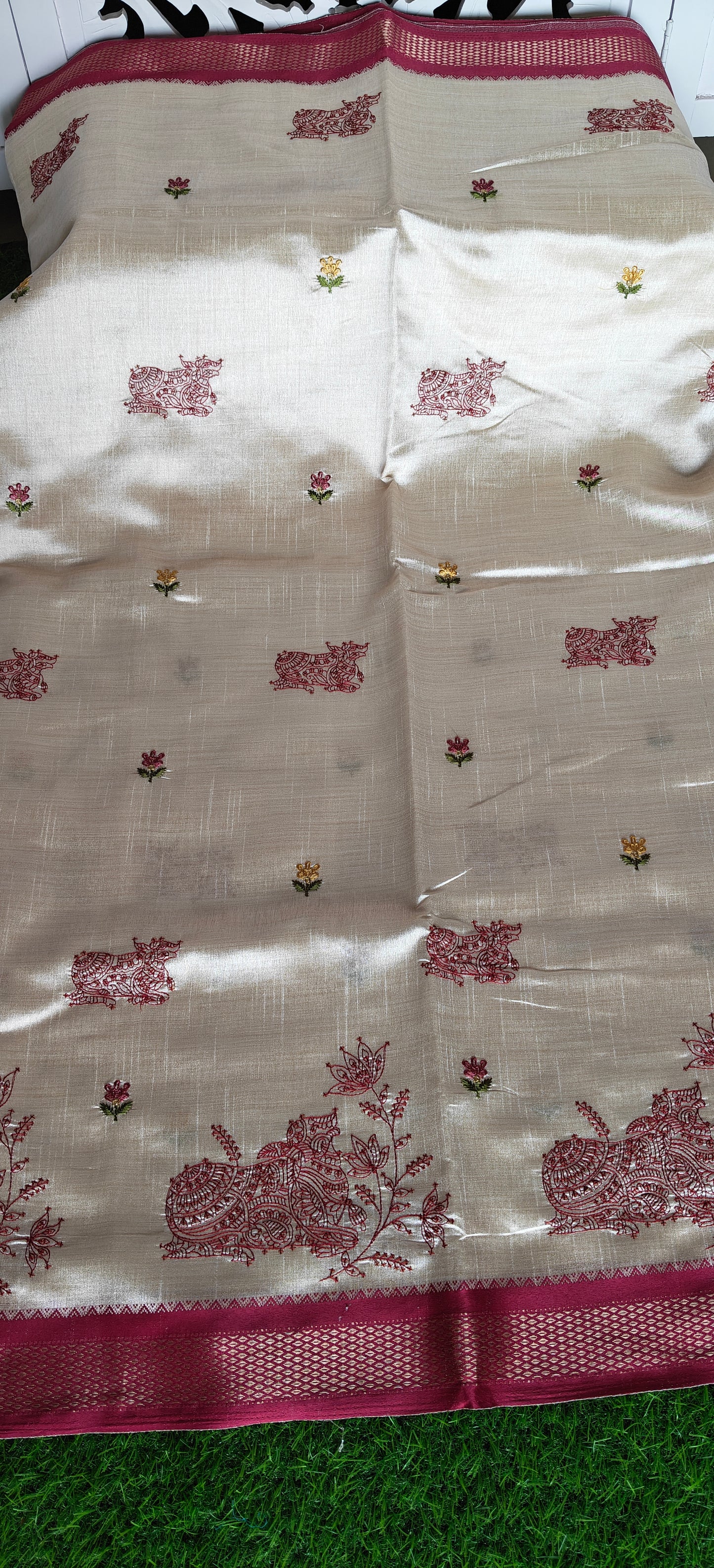 Cream Nandi Embroidered  Silk Saree