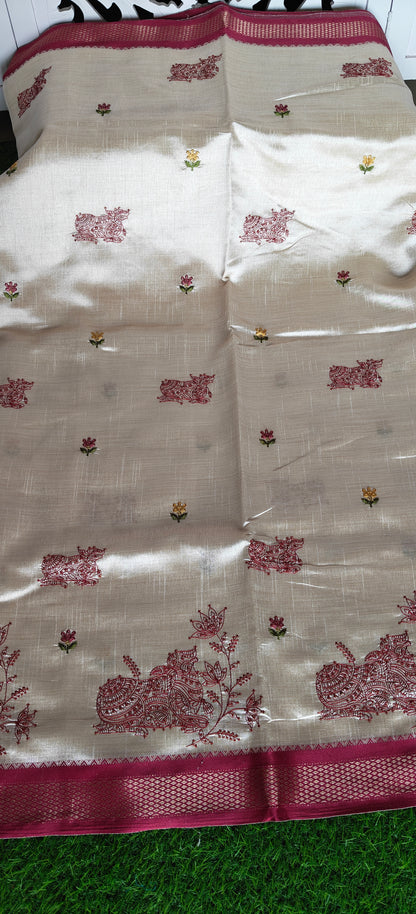 Cream Nandi Embroidered  Silk Saree