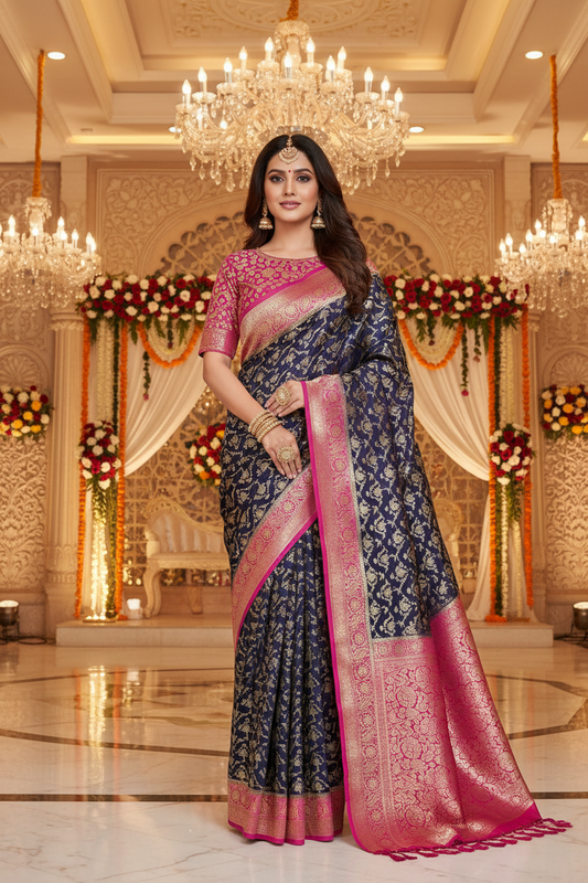 Dark blue Banarsi crepe Silk Saree