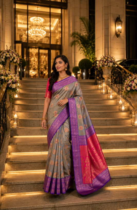 Double shades ash colour ,contrast purple border n pallu saree (Copy 2)